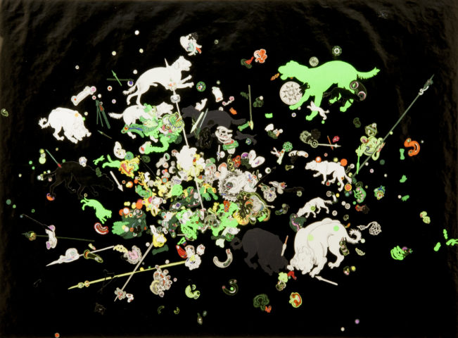 6_Sans titre 3 (série Chasses Fantastiques), 2017, encre de Chine, gouaches, papiers colorés, impressions monochromes noires sur papiers colorés et colle de montage, 45 x 64 cm