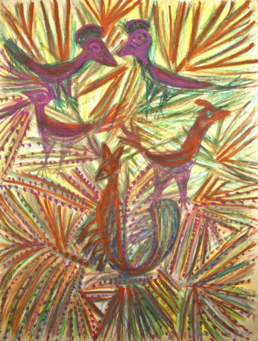 Les Oiseaux, 1964, crayon gras et gouache sur carton, 97 x 72 cm-min