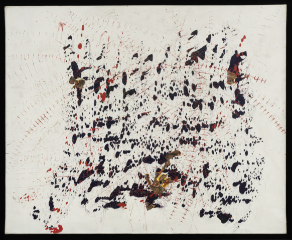 1957, Traces graphiques non titré, huile sur toile avec prélèvements de toiles déjà peintes, 60 x 73 cm